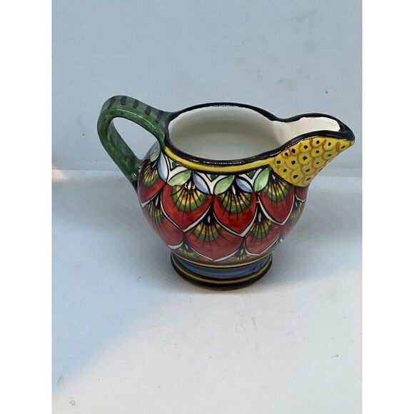 Geribi Deruta Italy Handpainted Peacock Design Small Creamer Red Green NWT - Picture 2 of 7